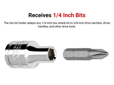 One Quarter Inch Drive Hex Bit Holder For Quarter Inch Hex Shank Bits With Quick Change Retaining Ball And Spring Tensioned Collar Secure Bit Retention Easy Read Large Size Markings For Ratchets And Driver Tools with a 1/4 inch hex bit.