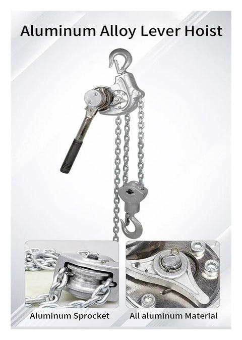 Rugged Aluminum Manual Lever Chain Hoist With Comfort Grip For No Sweat Heavy Lifting Low Headroom Flexibility And Smooth Top Shelf Hauling Up To 3300 Pounds