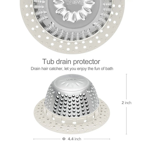 Universal Shower Drain Cover With Slim Hair Catcher And Raised Dome To Snag Strands Soap Chips And Sink Gunk While Keeping Water Flowing Smooth For Easy Rinse And No Sweat Drain Care On Standard Or Pop Up Drains Light Gray, showing silver dome and light gray base.