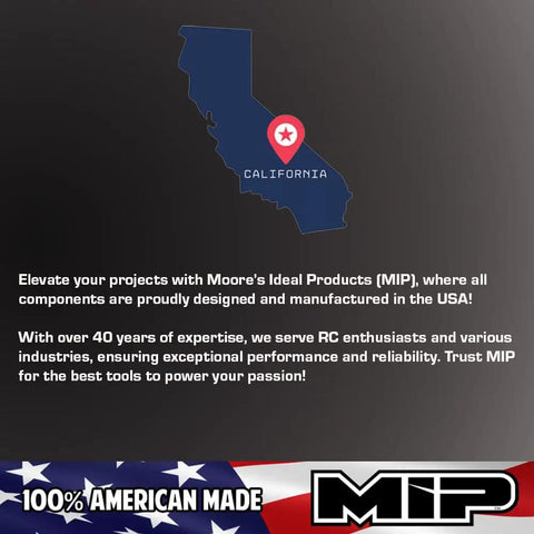 Map of California highlighting MIP location, text stating 100% American Made under US flag, Moore's Ideal Products logo.