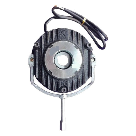 Front view of round black electromagnetic safety brake with 30 mm shaft and mounting bracket.