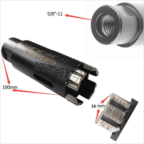 JDK dry diamond core drill bit for granite, 1-3/8 in (35 mm) diameter, 5/8-11 thread, 100 mm length