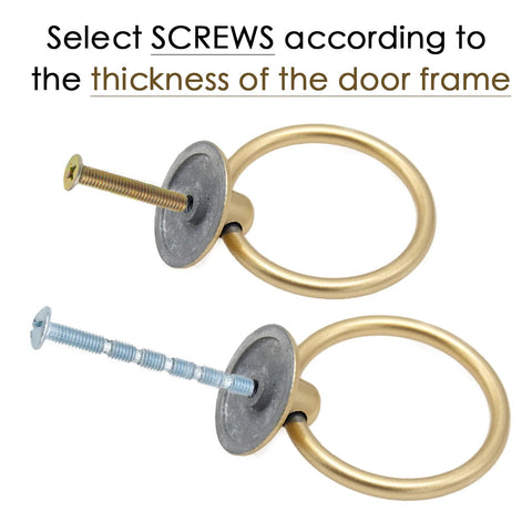 Matte Gold Round Ring Cabinet Drawer Pulls Set Of 12 Zinc Alloy Single Hole Knobs showing different screw lengths for installation.