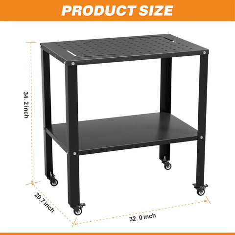Beefy Steel Welding Workbench Cart With Wheels 32 By 20 Inch Metal Table size dimensions, showing rust-resistant coating