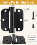 Heavy Duty Two Pack Self Closing Door Hinges 3.5 Inch Adjustable Spring Automatic Closer contents displayed with measurements.