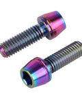 Solid Ride Ready Grade Five Titanium Hex Drive Bolts With Matched Lock Washers M5 X 16 18 20 Millimeter tapered nose bolts in rainbow finish.