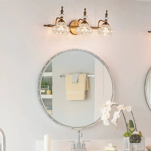 Vintage Brass Vanity Light Fixtures For Bathroom Lighting Retro Brass Vanity Sconces For Home Easy Install Classic Antique Look For Mirrors And Makeup Areas Warm Soft Bath Glow Dope Retro Vibe installed above round mirror.