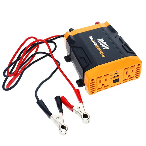 Rock Solid 400w Power Inverter Transforms 12v Dc To 110v Ac For Your Ride Featuring two three prong outlets and USB C port.