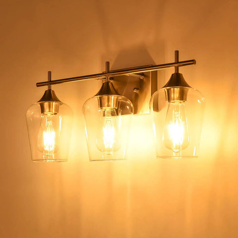Three Light Brushed Nickel Vanity Light For Bathroom Over Mirror Glass Wall Mount Dimmable Modern Vanity Lighting glowing in room