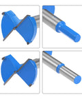 Forstner drill bits set 65mm & 70mm, blue and gray tungsten carbide wood boring bits, front and side views