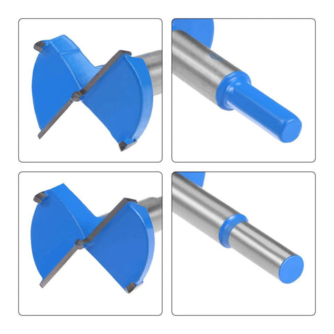 Forstner drill bits set 65mm & 70mm, blue and gray tungsten carbide wood boring bits, front and side views