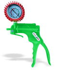 One Hand Operated Vacuum Pump With NPT 1/8-27 Threaded Gauge, neon green, red protected gauge, and quick release mechanism