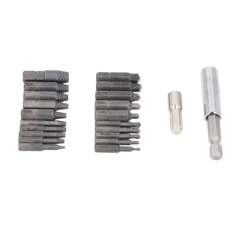 Get Your Hands On This 22-Piece Broken Bolt Remover Kit Made From Tough High-Speed Steel To Easily Extract Stuck Stripped Screws And Nuts With Built-In Drill Bit Holders For Serious Home And Auto Jobs., 22-piece HSS broken bolt remover bits with holders