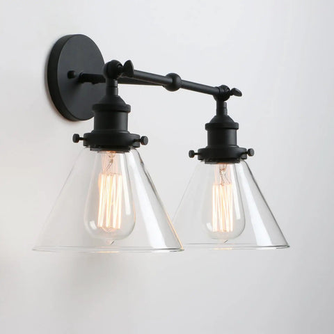 Two Light Industrial Wall Sconce In Antique Black With 7.3 Inch Cone Clear Glass Shade 180 Degree Adjustable E26 Base Compatible With LED Incandescent CFL Halogen Bulbs Bulbs Not Included Handmade Glass Lampshade