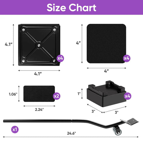 Size chart of Heavy Duty Furniture Movers With Wheels Carbon Steel Dolly For Heavy Furniture Move Cabinets And Appliances 1200Lb, showing dimensions of casters and pry bar.