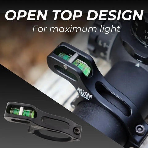 Ultra Low Profile Anti Cant Bubble Level for 30mm scope tubes with hinged one bolt clamp attached to a rifle scope.
