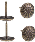 Premium Antique Brass Upholstery Tacks 120 Pack featuring 7 16 Inch heads, detailed daisy designs for furniture restoration.