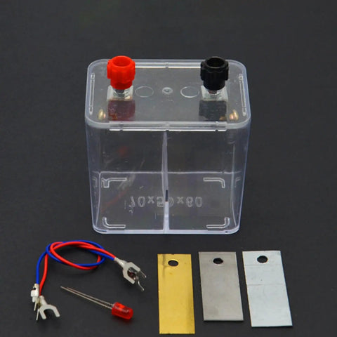 Hands On Galvanic Cells Experiment Kit For High School Chemistry Class Learn How Chemical Energy Converts To Electrical Energy With A Fun DIY Lab Project. Components include a clear plastic container and electrodes.