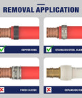 Removal application showing Go To PEX Decrimp Removal Tool for F2098 Stainless Steel Clamps and F1807 Copper Rings use