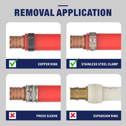 Removal application showing Go To PEX Decrimp Removal Tool for F2098 Stainless Steel Clamps and F1807 Copper Rings use