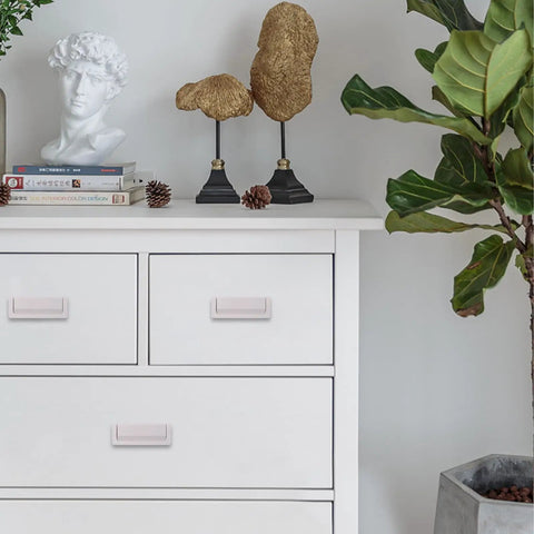 Dresser with 2 Pack Flush Ring Hidden Pull Handles For Cabinets And Drawers, Aluminum Alloy Construction, Cashmere Grey Finish installed.