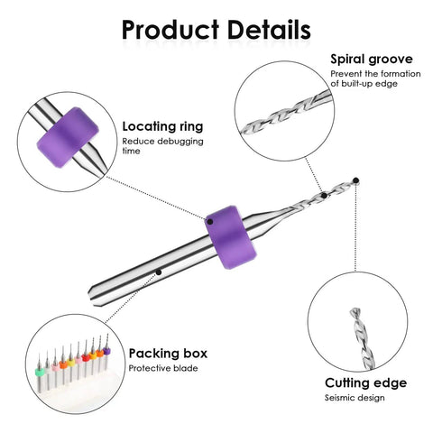 Detailed view of Pro Grade Tungsten Steel Micro Drill Bits Set 0.3 to 1.2 mm with purple locating ring and spiral groove design