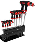 T-Handle Hex Key Wrench Set Of 10 Pieces With Ball-End Design And Storage Bracket For Precise Car Auto Bike Diy Repair Work, Durable Metric Hand Tool Kit That Slips Right Into Tight Spots Like A Charm. 10-piece steel metric T-handle hex key set on bracket, 2-10mm