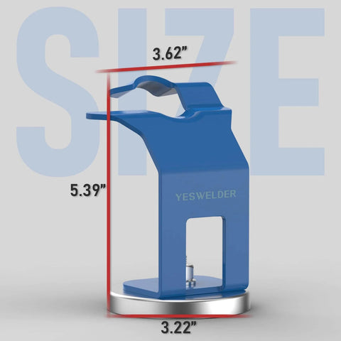 Side view of Magnetic Mig Welding Torch Holder Stand With Strong Magnetic Base For Mig Torch And Welding Gun Holder Durable Steel Construction With Blue Finish And Lightweight One Point Seven Pound Design For Secure Hands Free Welding, showing size dimensions.