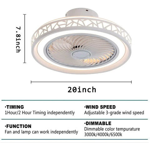 Enclosed Ceiling Fan With Lights Remote Control 20 Inch 72W Three Color Dimming Brightness Three Gear Wind Speed Modern Flush Mount