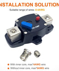Beefy 300 Amp DC Circuit Breaker With Manual Reset For Trolling Motors RV Boat And Marine Power Systems, 12 To 48 Volt DC, 0 To 8 Gauge Wiring, Inline Fuse Block Holder Inverter Waterproof Housing shown with installation parts