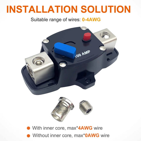 Beefy 300 Amp DC Circuit Breaker With Manual Reset For Trolling Motors RV Boat And Marine Power Systems, 12 To 48 Volt DC, 0 To 8 Gauge Wiring, Inline Fuse Block Holder Inverter Waterproof Housing shown with installation parts