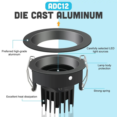 Diagram highlighting features of Cool 3 Inch Recessed LED Downlight Kit In Black With Adjustable Gimbal Eyeball, 10W, 5000K