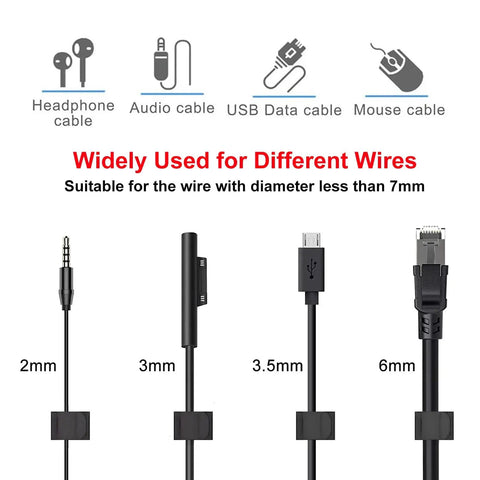 Adhesive Cable Clips With Storage Case 40Pcs Wire Clips For USB HDMI Ethernet Tidy Hooks For Desk Wall PC Dash Cam And Fairy Lights Strong Double Sided Tape Mount Easy Removable showcasing usage with USB, headphone, audio and mouse cables