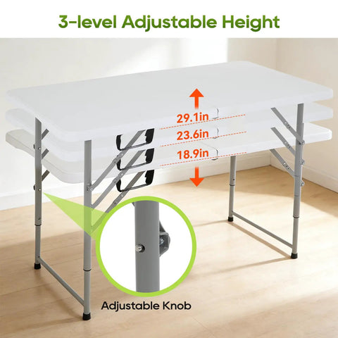 Portable 4Ft Folding Table With Fold-In-Half Design, Powder-Coated Steel Frame, height adjustable at 29.1, 23.6, and 18.9 inches