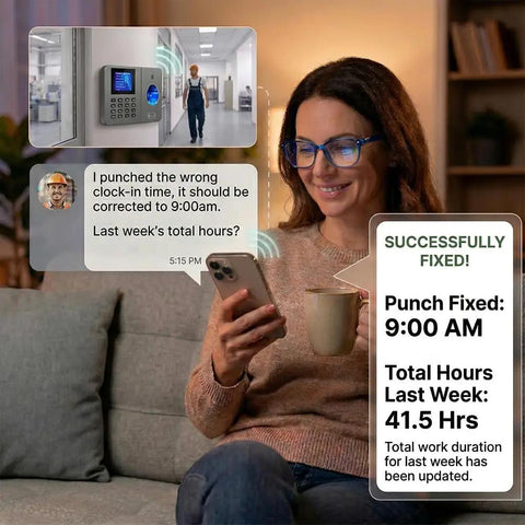 Woman using Boss Approved App Synced Fingerprint Time Clock on phone, correcting punch time with ease.