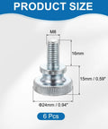 Heavy Hitter M8 X 16mm Knurled Thumb Screws, Six Pack Carbon Steel Shoulder Bolts for TV Monitor Stands, showing dimensions.