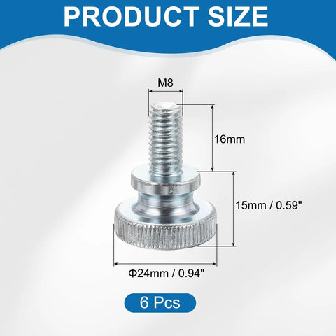 Heavy Hitter M8 X 16mm Knurled Thumb Screws, Six Pack Carbon Steel Shoulder Bolts for TV Monitor Stands, showing dimensions.