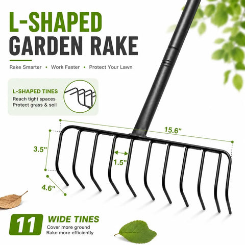 Heavy Duty Brush Rake With A 15.6 Inch Wide Head And 11 Steel L Shaped Tines, Adjustable 36 To 66 Inch Handle For Quick, No Fuss Cleanup