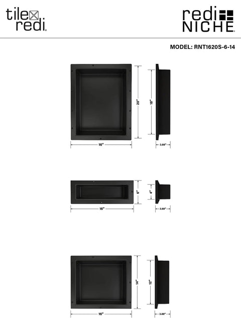 Triple Niche Recessed Shower Shelf Black With Three Inner Shelves Built To Handle All Your Shower Stuff Fits 16 Inch Wide By 40 Inch High By 4 Inch Deep Tile Ready All In One Bathroom Storage Solution, showing dimensions and model.