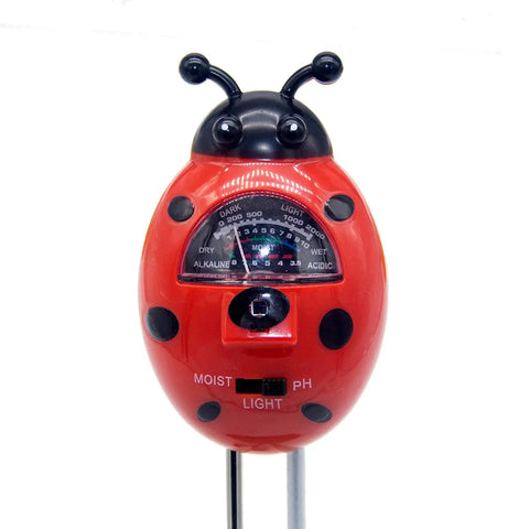 Ladybug Shaped 3 in 1 Soil Tester for Moisture pH and Sunlight Levels with gauge readings visible, battery-free design