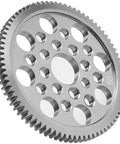 Close-up of Beefed Up Aluminum 48P Spur Gear 80T for 1 to 10 RC Drift Cars, showing 7075 alloy and gear teeth detail.