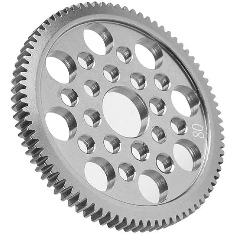 Close-up of Beefed Up Aluminum 48P Spur Gear 80T for 1 to 10 RC Drift Cars, showing 7075 alloy and gear teeth detail.