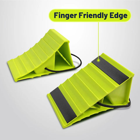 No Hassle 4 Pack Wheel Chocks For Travel Trailers And Campers Dual Wheel Stopper Set With Non Slip Base Heavy Duty Green Wheel Blocks