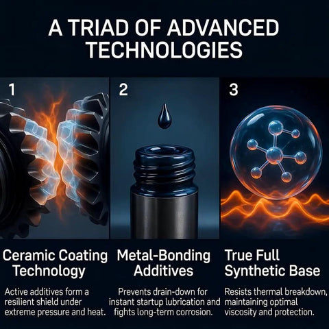 Graphic showing the triad of advanced technologies: ceramic coating, metal-bonding additives, true full synthetic base.