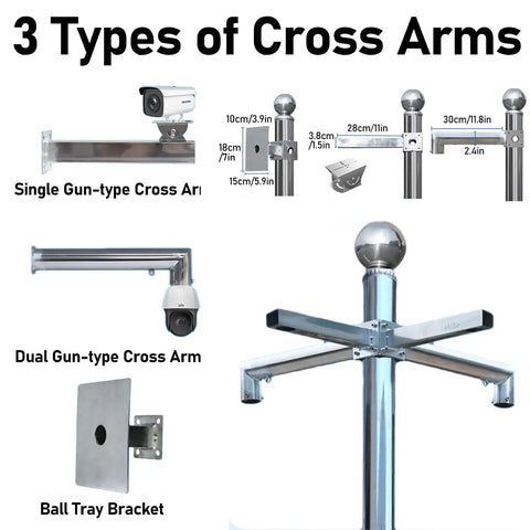 Heavy Duty Stainless Steel Outdoor Security Camera Pole Mount Bracket, Portable 11.4 Ft Surveillance Stand with Three Cross Arm Options for Dome, Gun-Type, or Wide-View Cameras, Weather Resistant