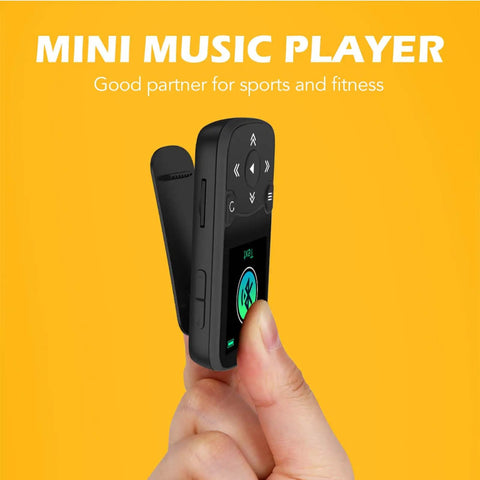 64GB MP3 Player With Clip For Sports A65 Bluetooth 5 Point 3 Music Player With Pedometer shown on a finger