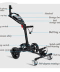 Foldable Smart Electric Golf Cart With Automatic Following Tech showing mobile holder, storage box, and 360-degree rotating wheels.