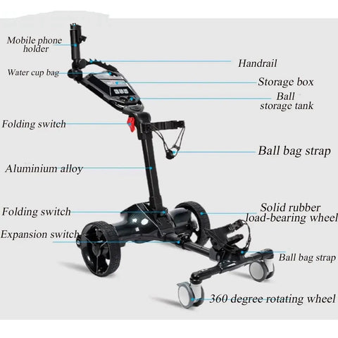 Foldable Smart Electric Golf Cart With Automatic Following Tech showing mobile holder, storage box, and 360-degree rotating wheels.