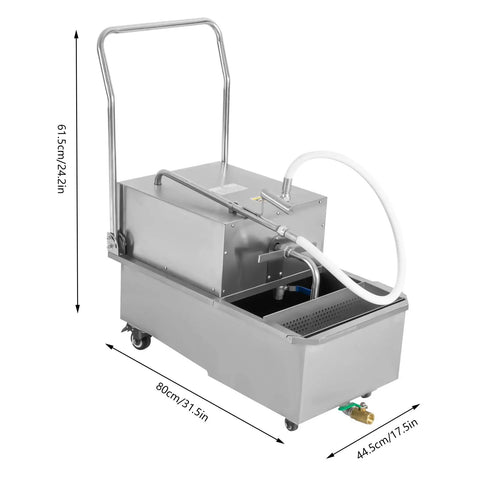 Pro Grade Mobile Fryer Oil Filter Cart Featuring A Rock Solid 550 Watt Pump And Slick Grease Trapping Mesh, stainless steel with dimensions.
