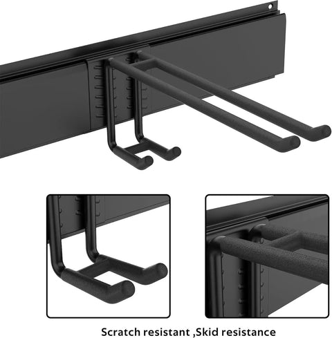 Close-up of the hooks on the Modern Top Shelf Heavy Duty Wall Mount Ski Rack for holding skis securely and safely.